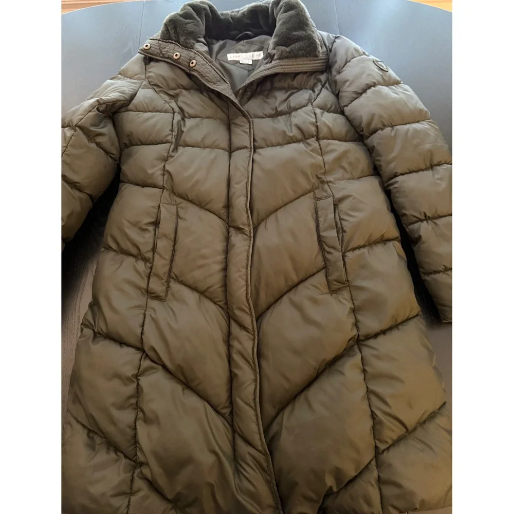 Larry Levine Faux-Fur Trimmed Parka Womens Medium Dark Green Insulated Coat‎